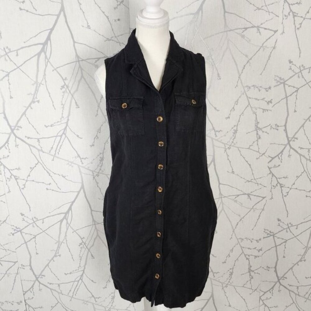 Banana Republic Black 55% Linen Button Front Shirt Dress - Picture 1 of 6